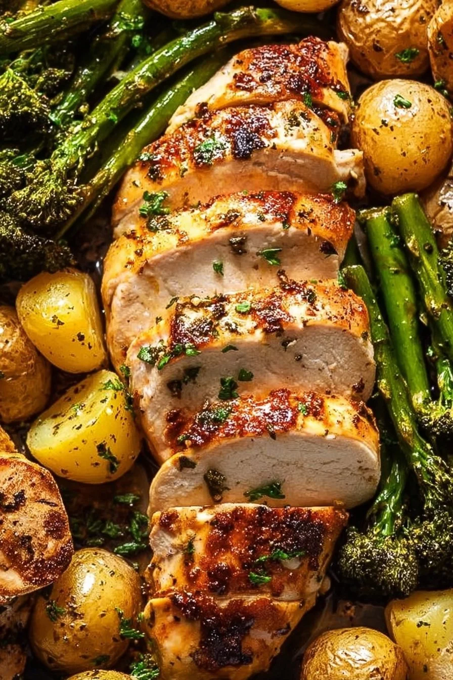 Sheet Pan Garlic Butter Chicken with sautéed vegetables on a clear plate.