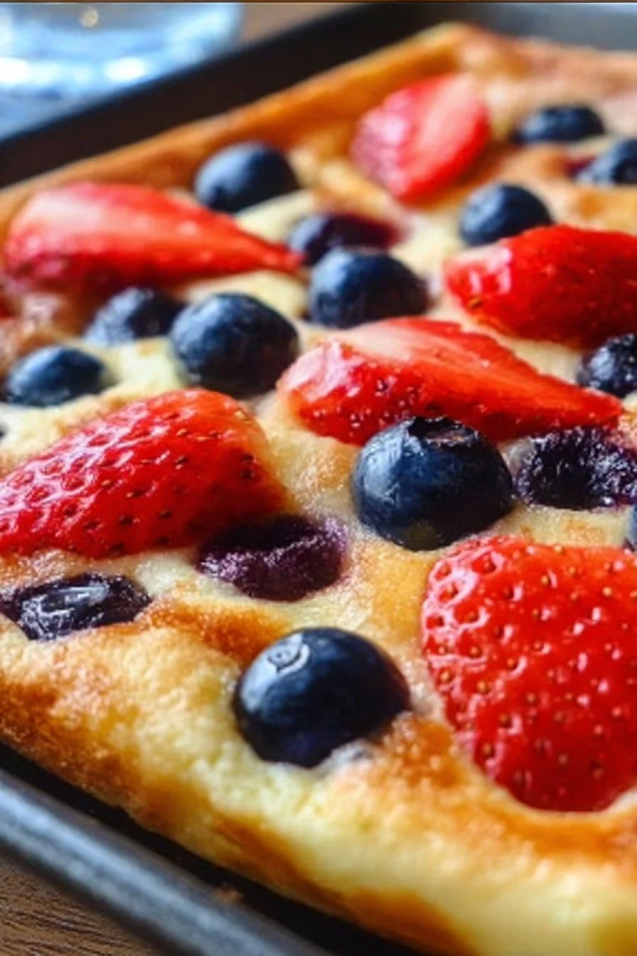 Delicious sheet pan pancakes served on a blue plate with fresh berries
