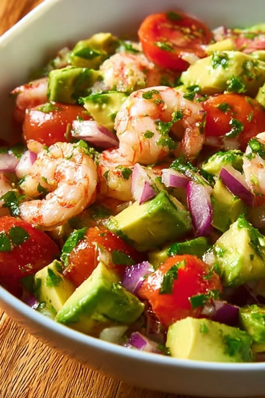Colorful shrimp avocado salad with fresh vegetables and dressing