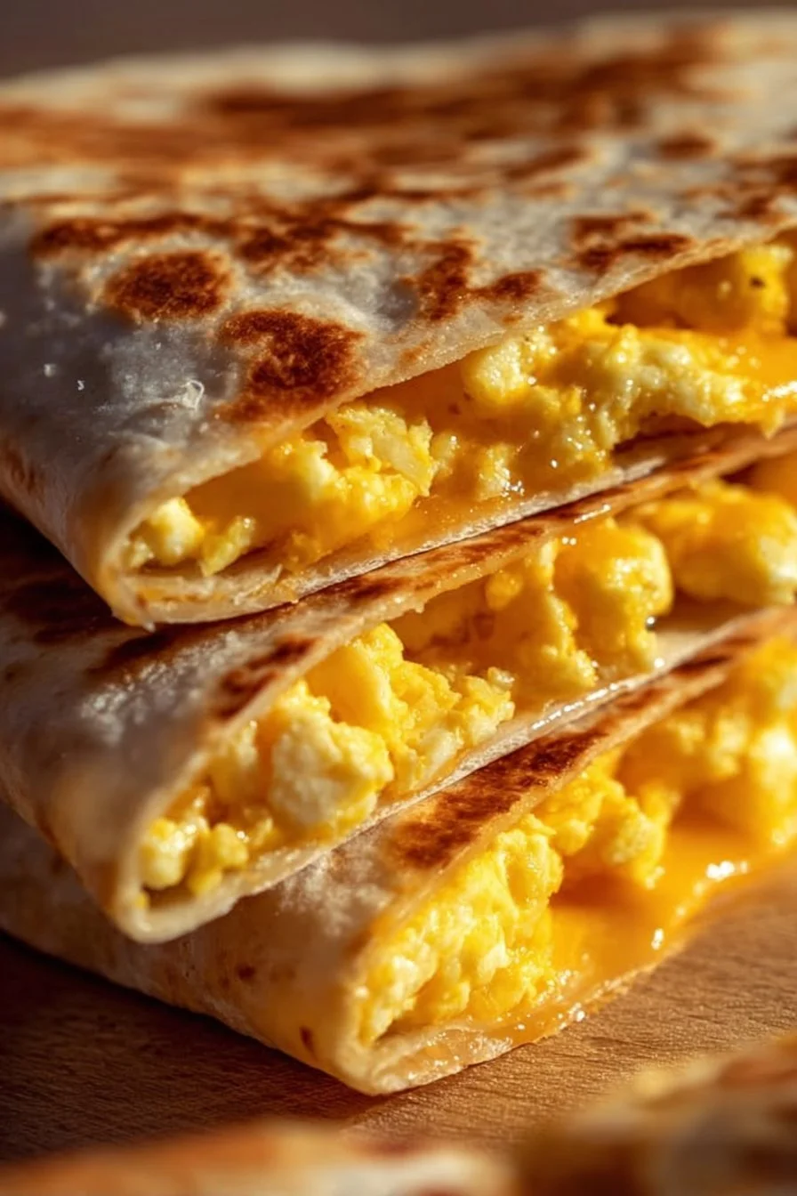 Delicious simple breakfast quesadillas with eggs and cheese on a wooden board.