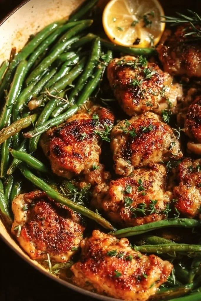 Skillet Garlic Butter Chicken served with vibrant green beans