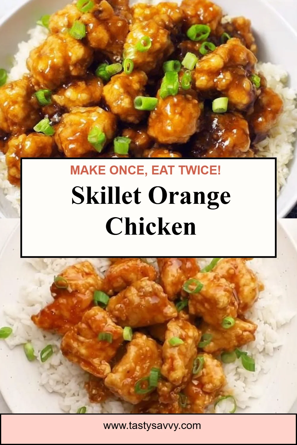 Skillet orange chicken served with vibrant orange sauce and vegetables