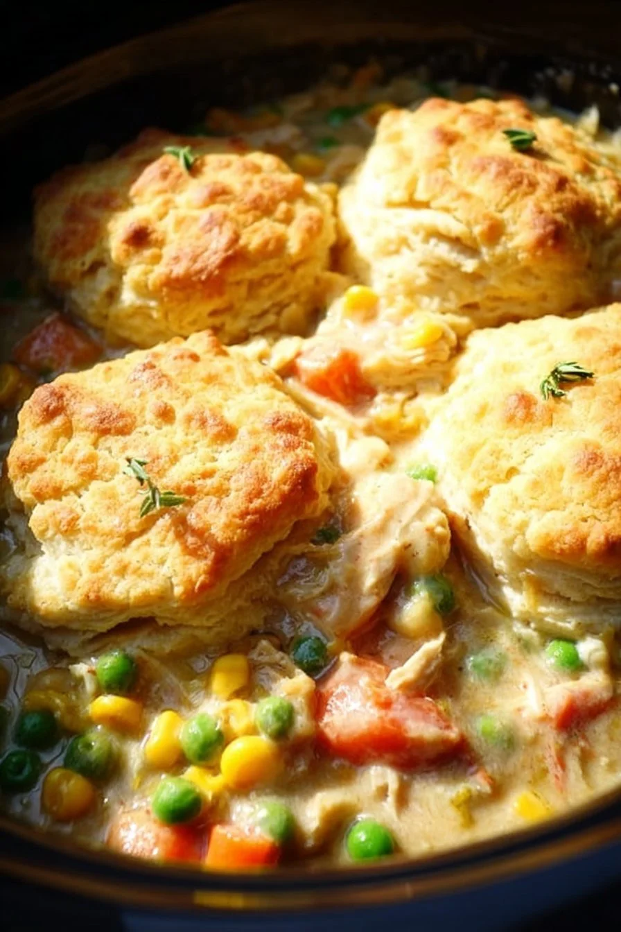 Delicious Slow Cooker Chicken Pot Pie ready to serve with flaky crust and savory filling.
