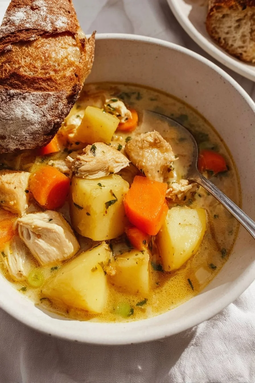 Bowl of slow cooker chicken stew with vegetables and herbs.