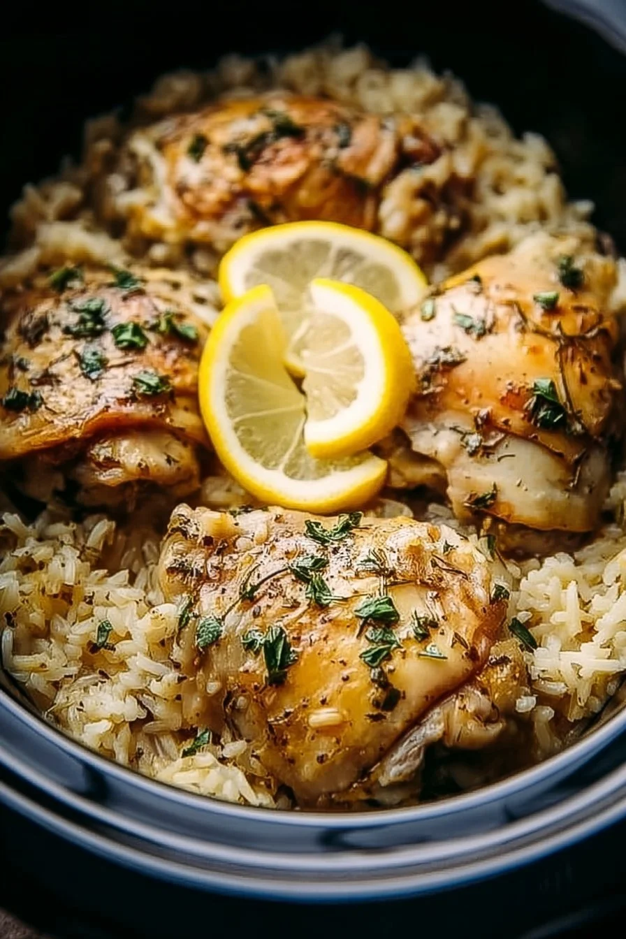 Slow Cooker Lemon Herb Chicken with flavorful herbs and rice