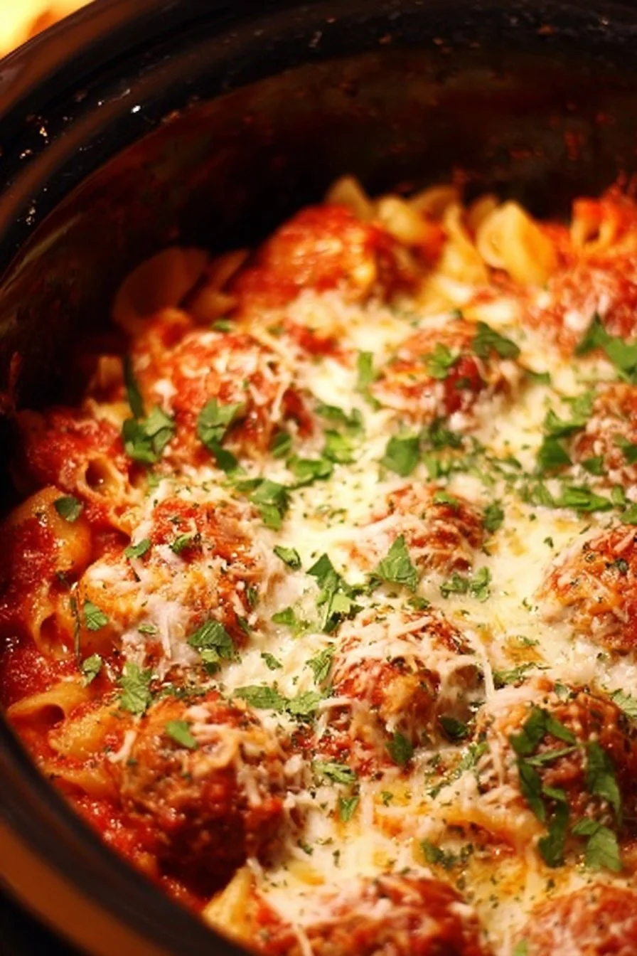 Delicious slow cooker meatball casserole topped with melted cheese and herbs