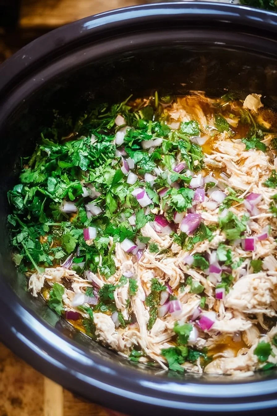 Bowl of Slow Cooker Thai Basil Chicken Curry with fresh basil and spices