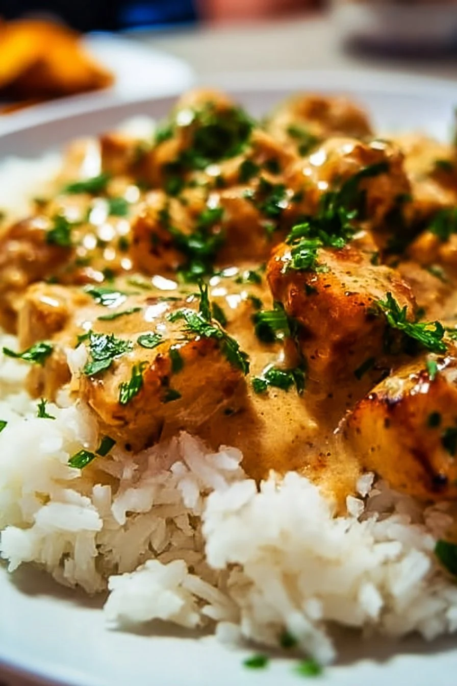 Plate of smothered chicken served with rice and rich gravy