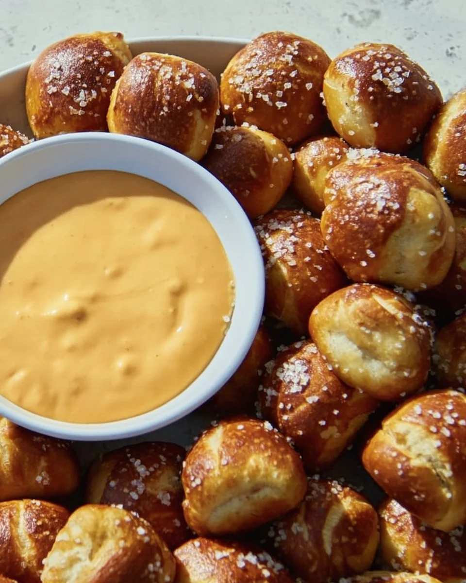 Delicious golden soft pretzel bites served with mustard and cheese dip