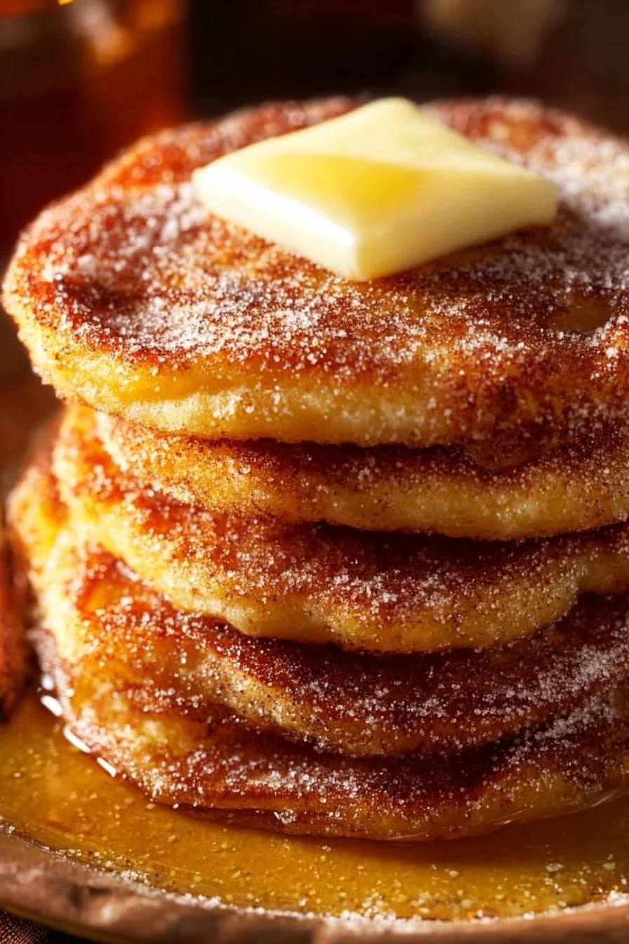 Delicious Spanish churro-inspired pancakes topped with chocolate sauce and cinnamon sugar