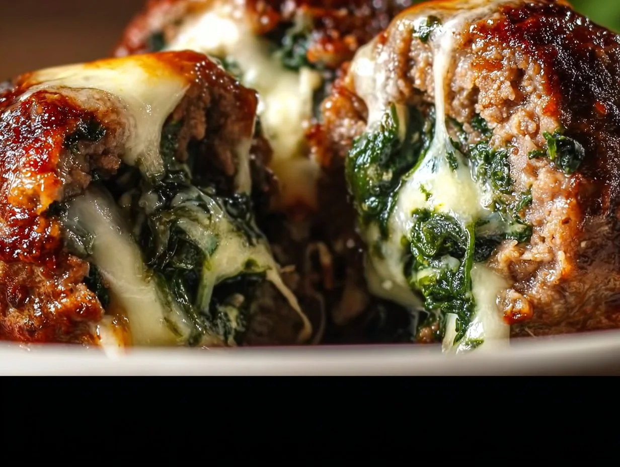 Spinach Garlic Meatballs Stuffed with Mozzarella spinach garlic meatballs Spinach garlic meatballs stuffed with mozzarella, garnished and ready to serve.