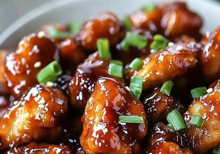 Delicious sticky honey chicken served on a plate with garnish