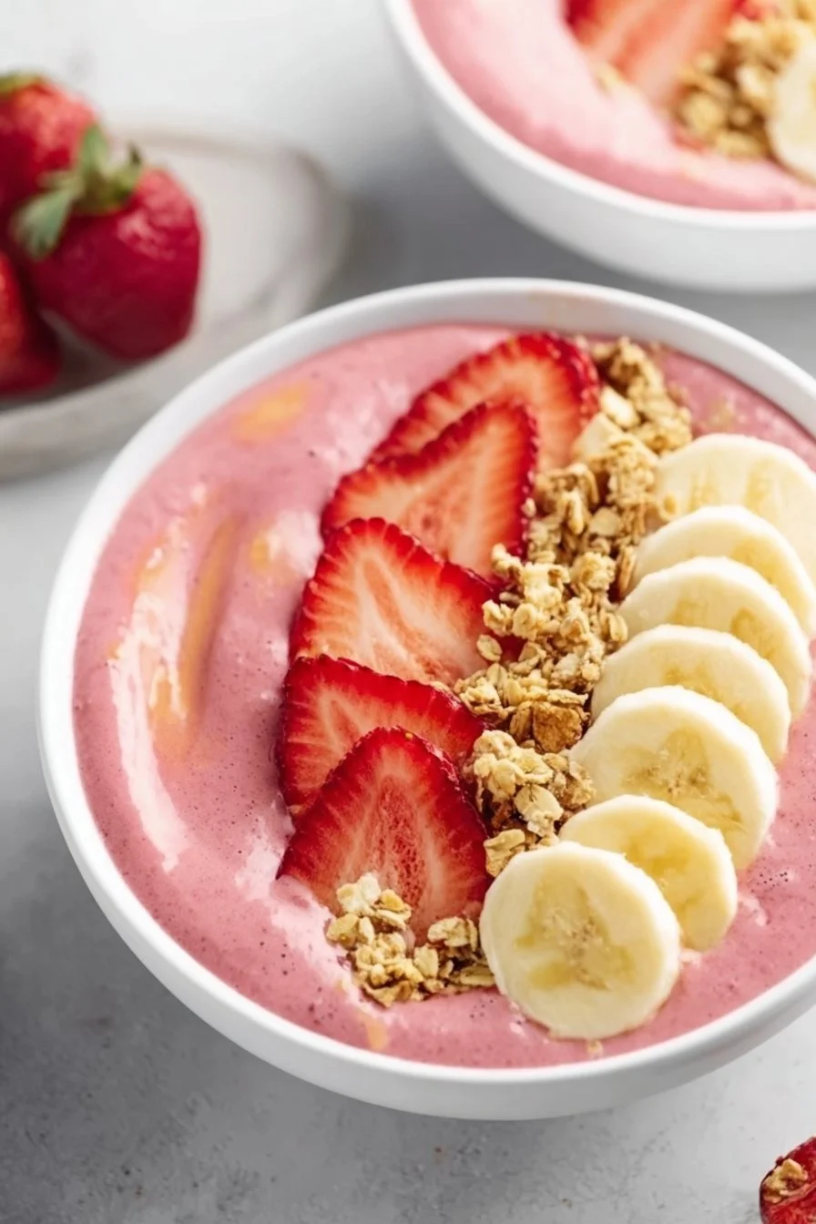 Delicious strawberry banana smoothie bowl topped with fresh fruits and granola.