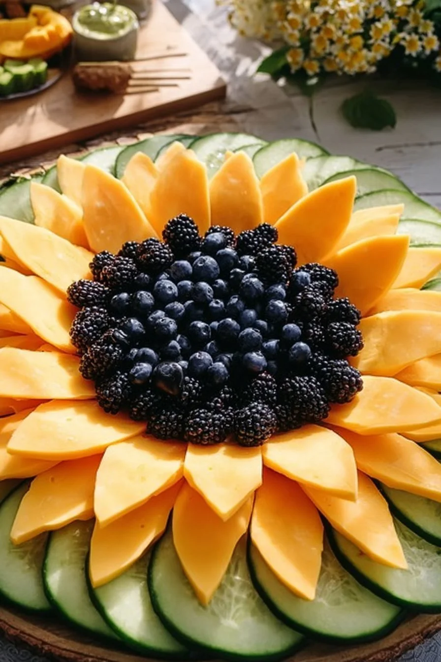 Colorful summer charcuterie board with seasonal fruits, cheeses, and meats.