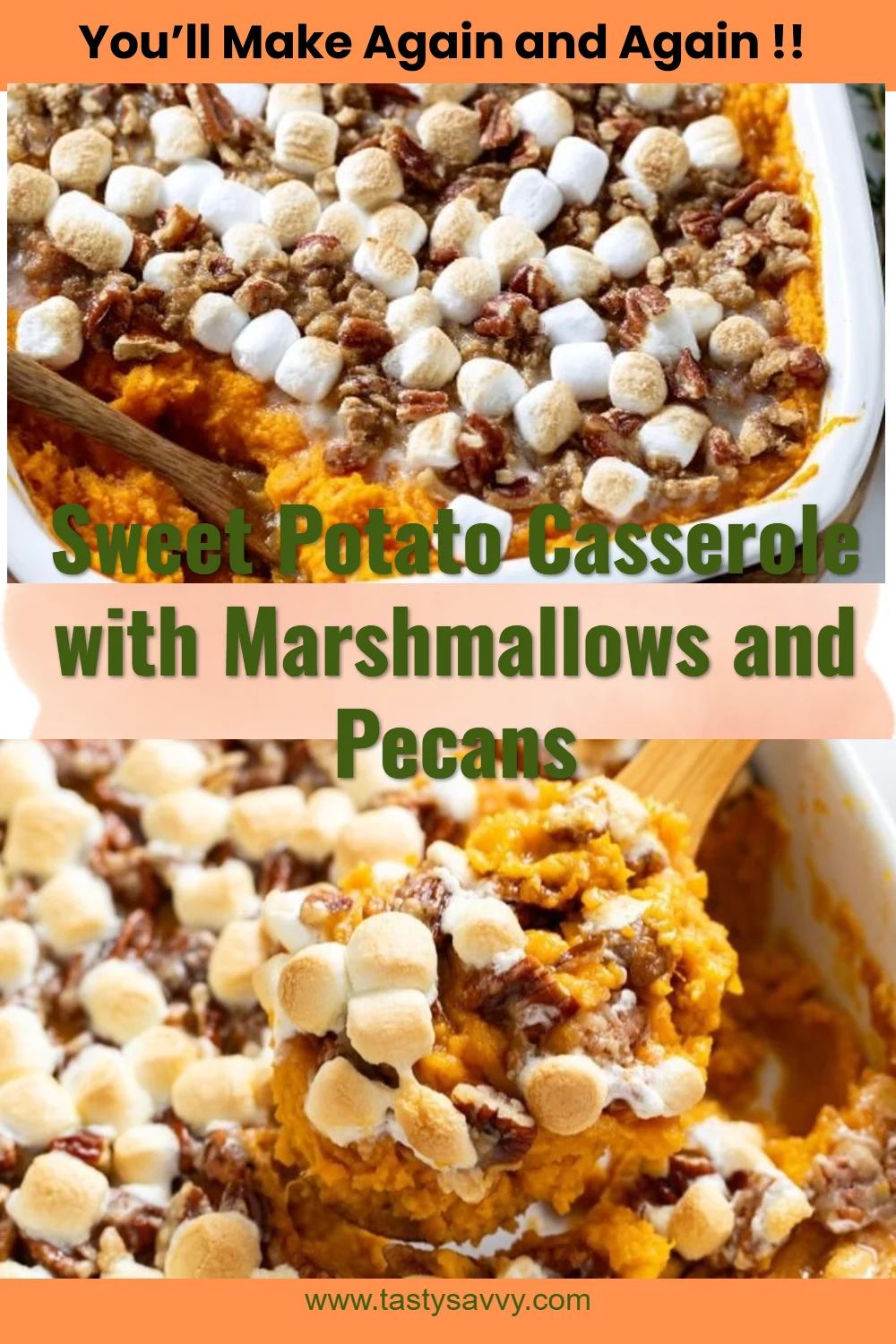 Delicious sweet potato casserole with marshmallows and pecans ready to serve