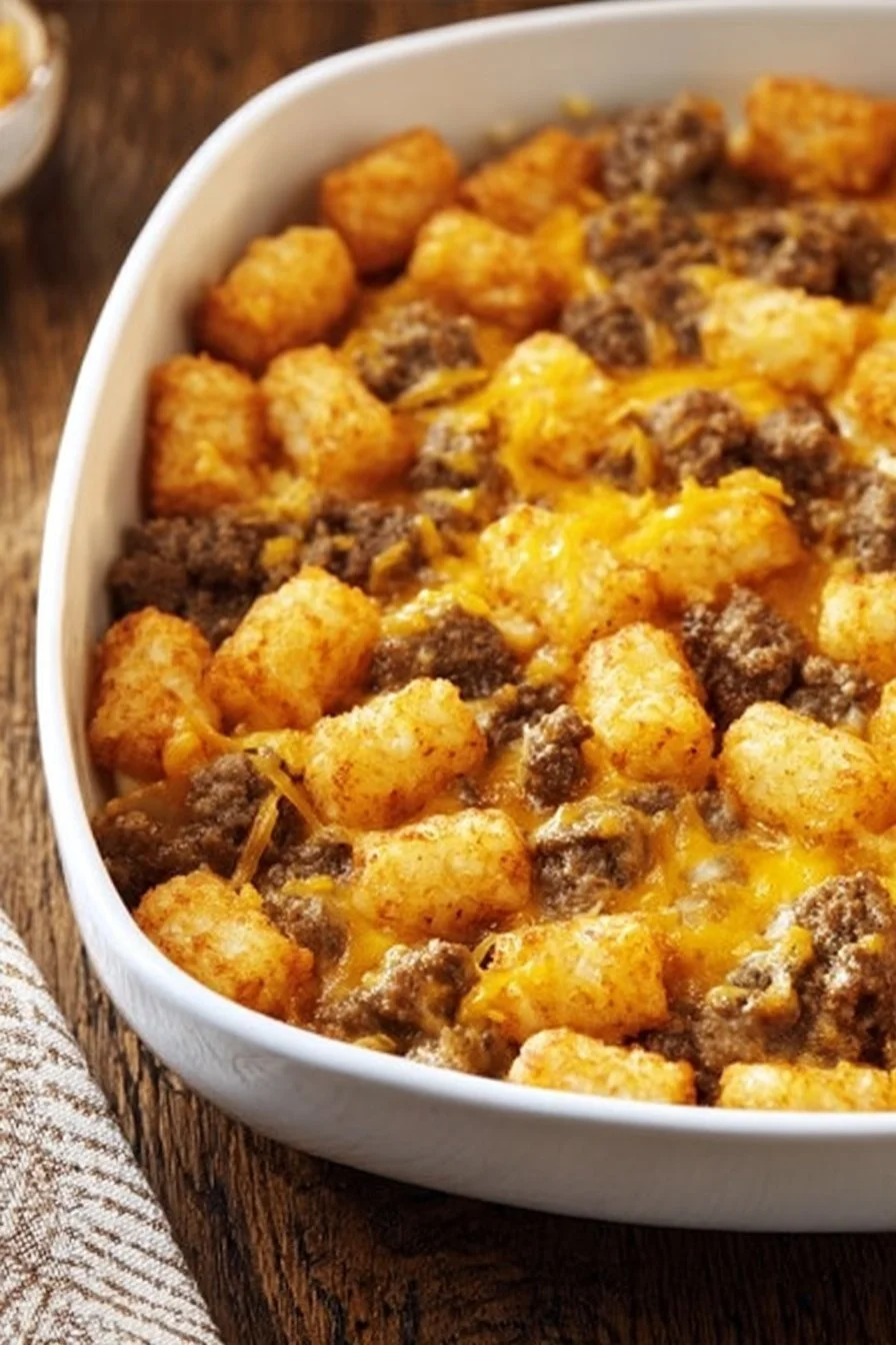 Tater Tot Sausage Breakfast Casserole baked and served in a dish.