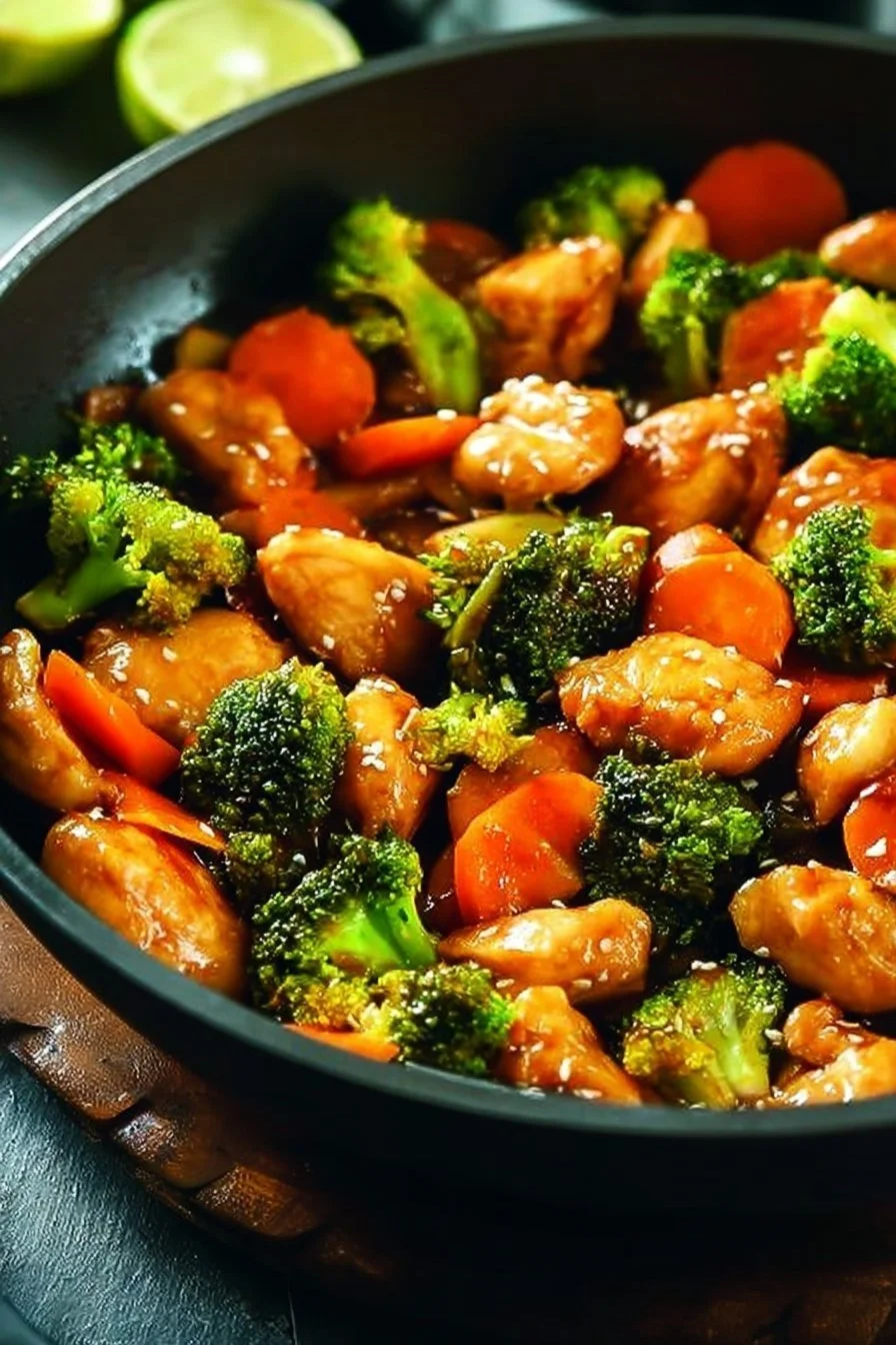Delicious tender honey garlic chicken stir fry served in a bowl