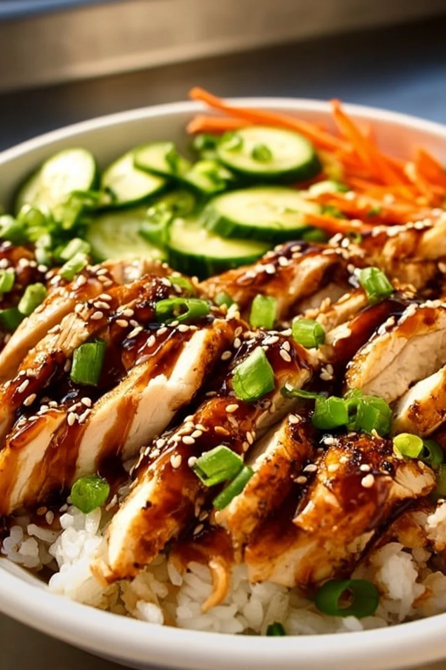 Delicious teriyaki chicken bowl topped with fresh vegetables and sesame seeds