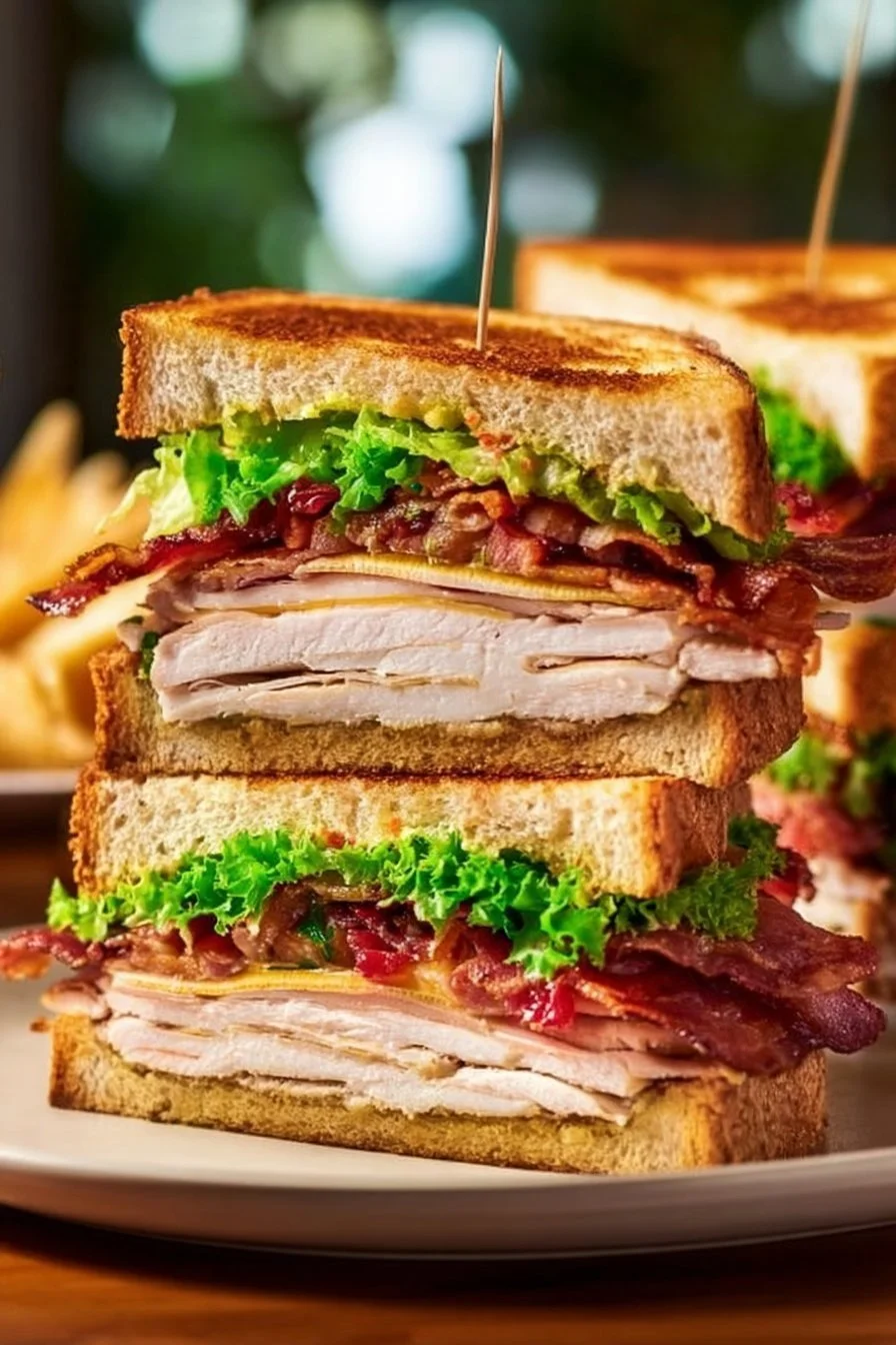 Triple-Decker Turkey Club Sandwich turkey club sandwich Triple-decker turkey club sandwich with bacon, lettuce, and tomato on toasted bread