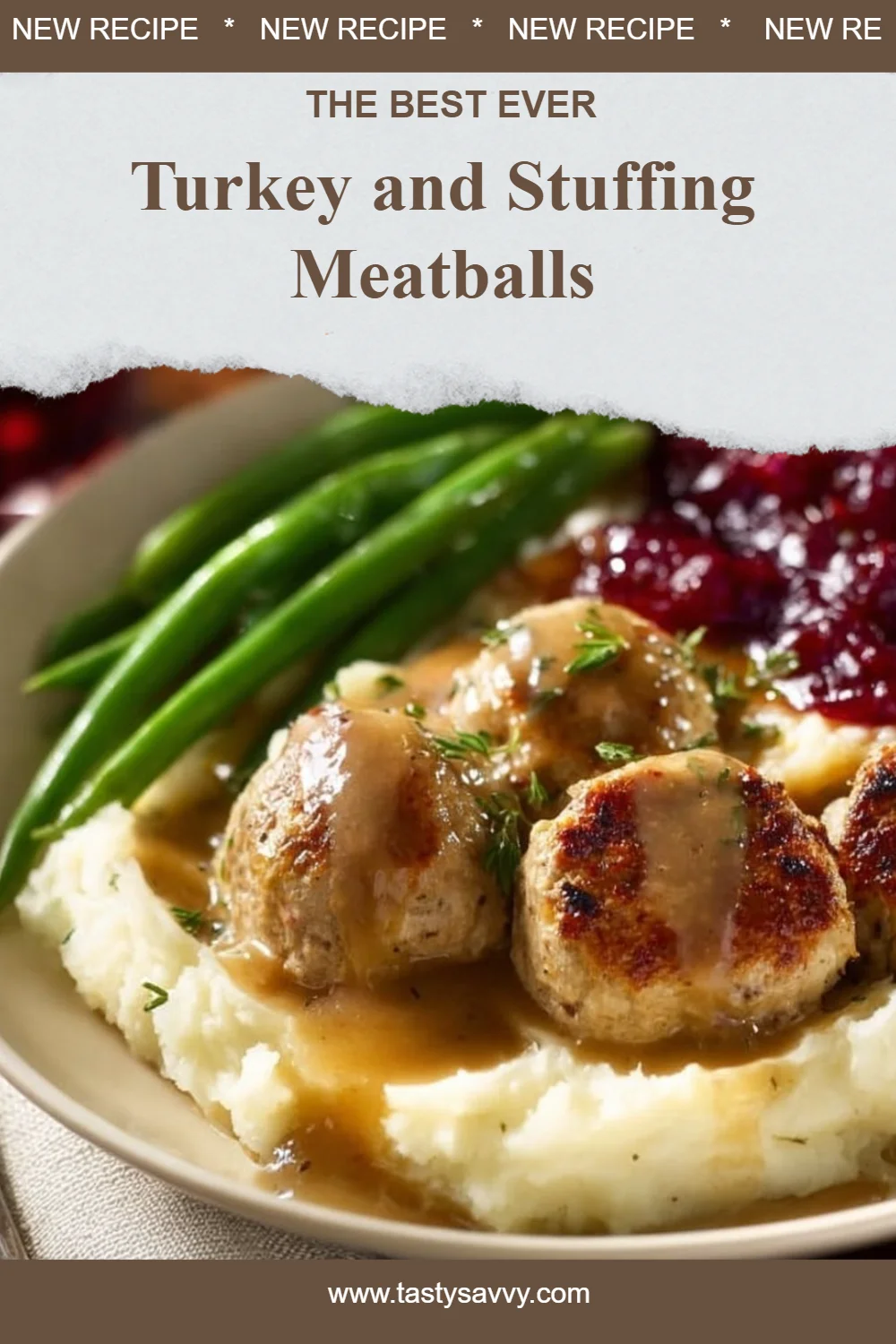 Turkey and Stuffing Meatballs Turkey Meatballs Turkey and stuffing meatballs served on a plate with herbs and sauce