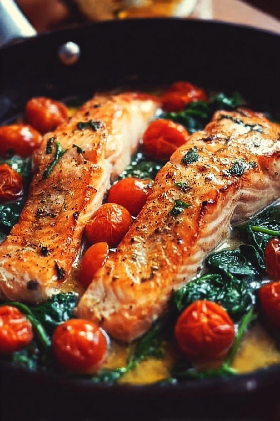 Delicious Tuscan garlic butter salmon served on a plate with herbs