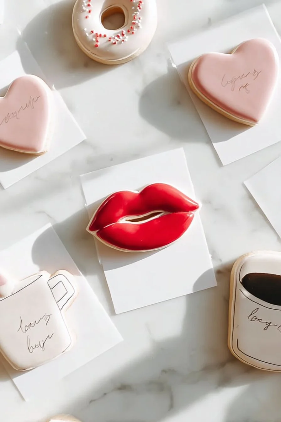 Valentine's Day cookie cards with heart designs and colorful icing