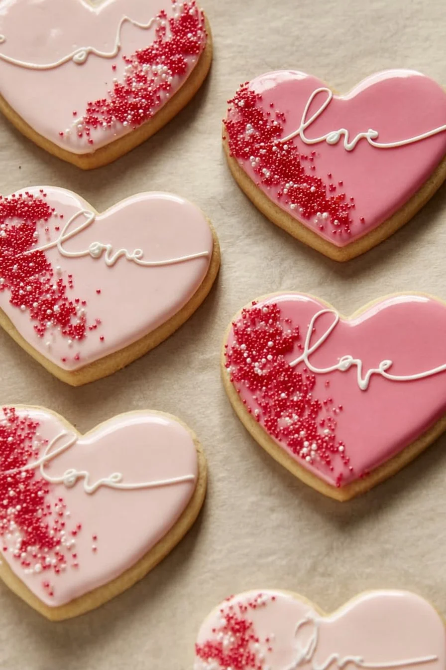 Valentine's Day sugar cookies decorated with hearts and love themes