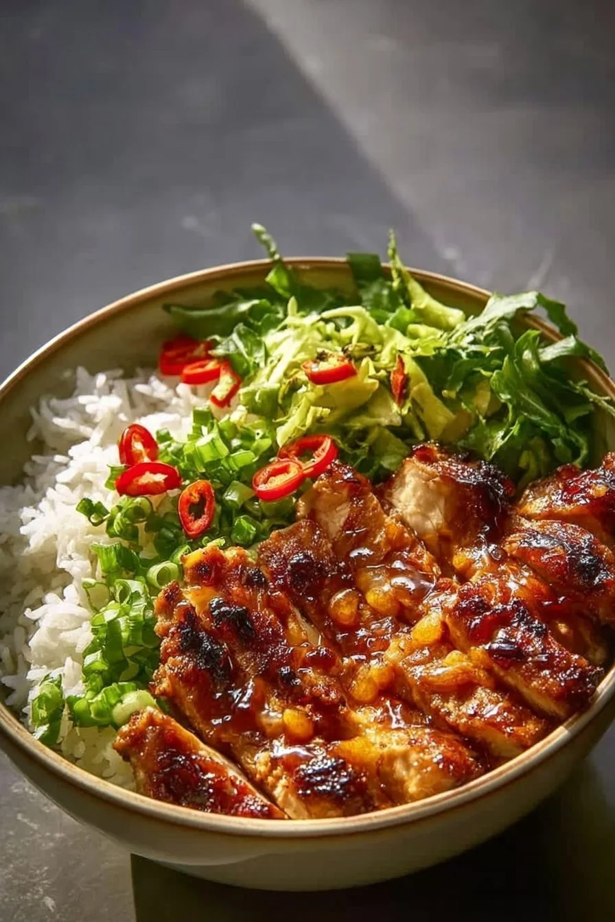 Delicious Vietnamese lemongrass chicken served with rice and fresh herbs