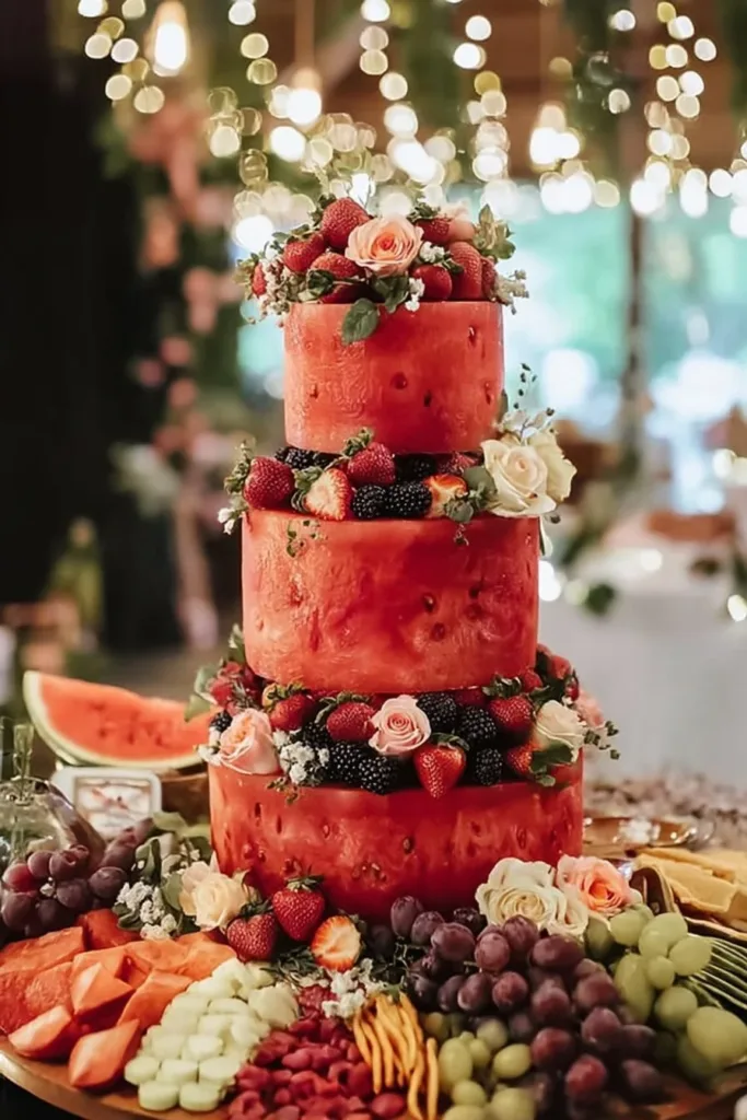 Delicious Watermelon Berry Cake topped with fresh berries and watermelon slices