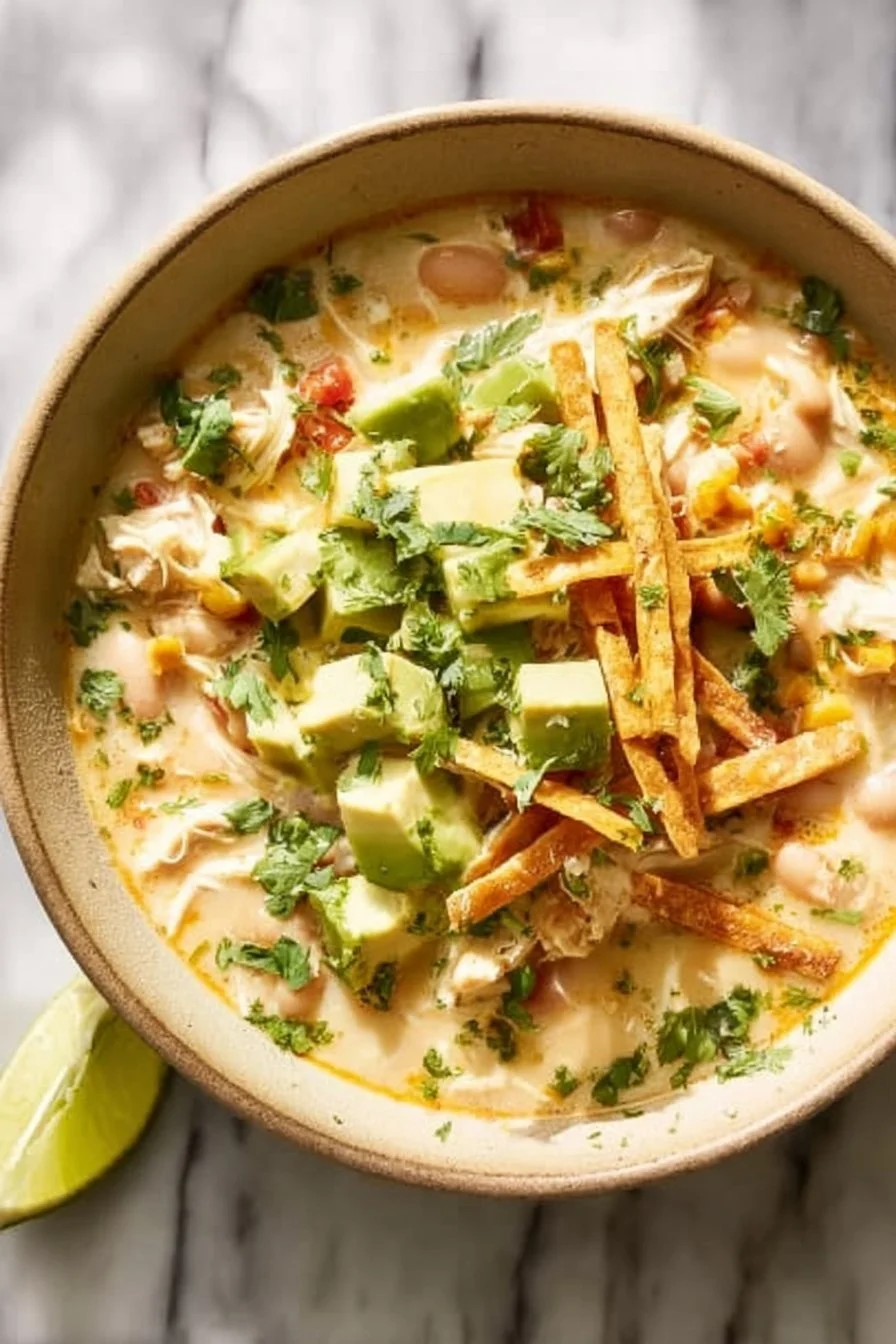 Bowl of creamy white chicken chili with garnishes on top