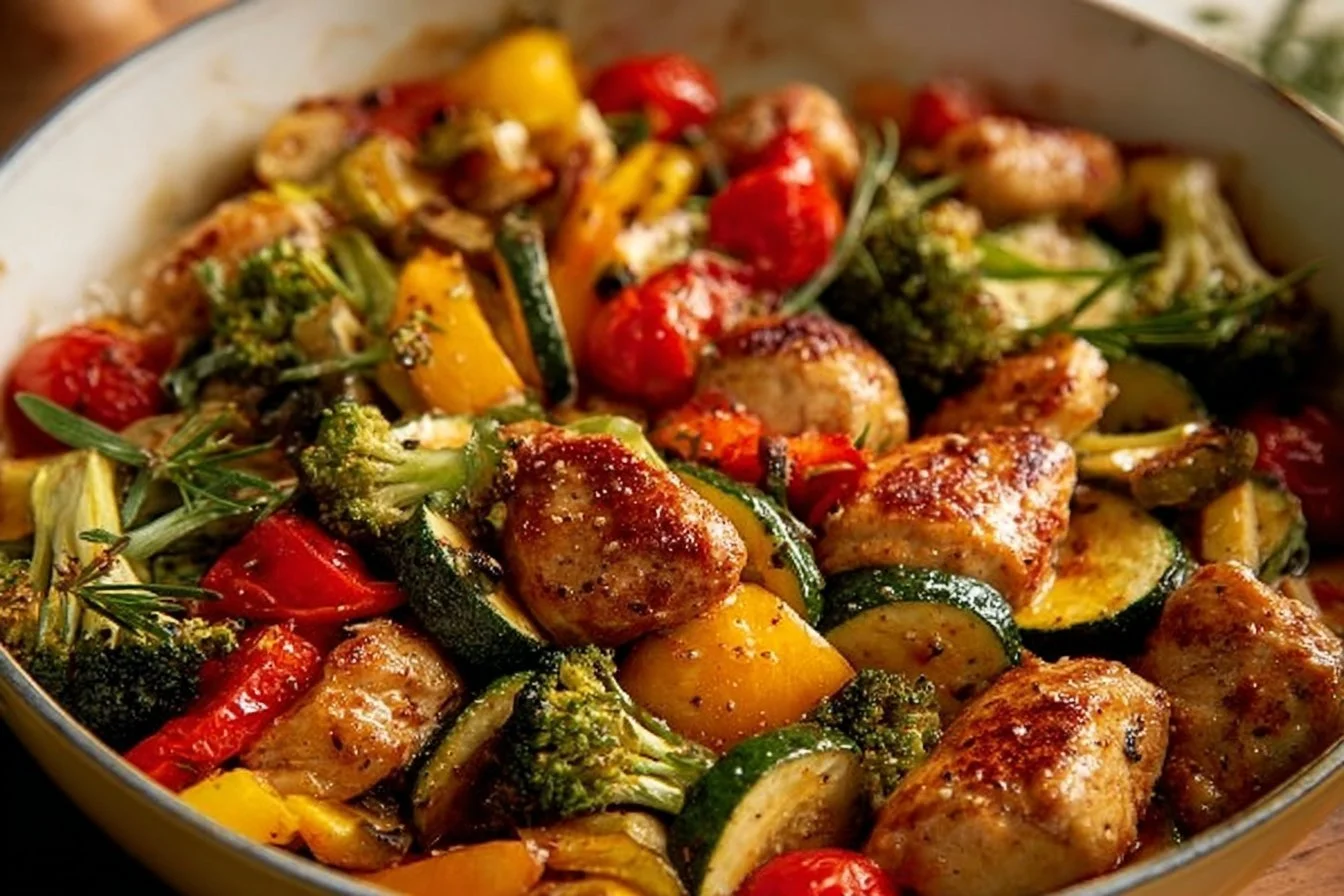 Air fryer chicken breasts served with colorful vegetables for a healthy meal