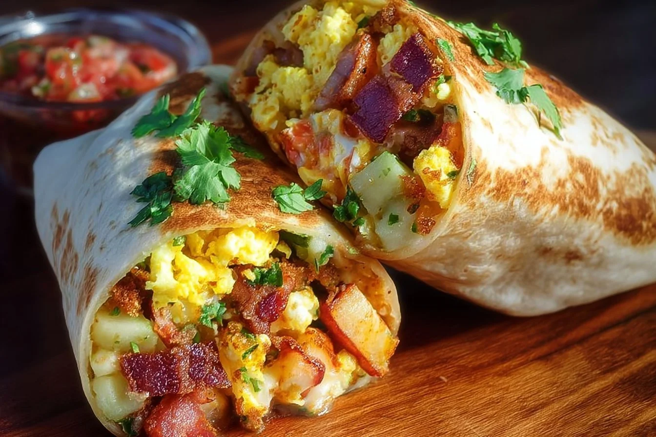 Delicious breakfast burritos filled with eggs, cheese, and fresh ingredients.