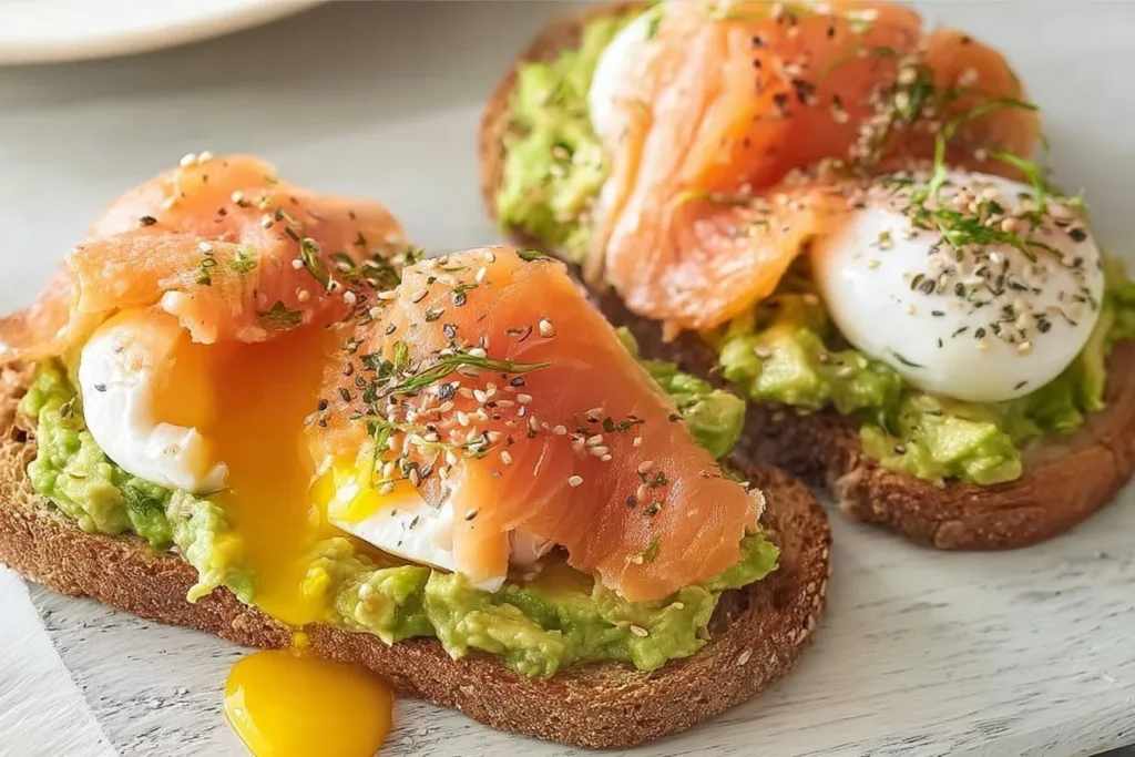 Avocado toast topped with smoked salmon and poached eggs on a rustic wooden table