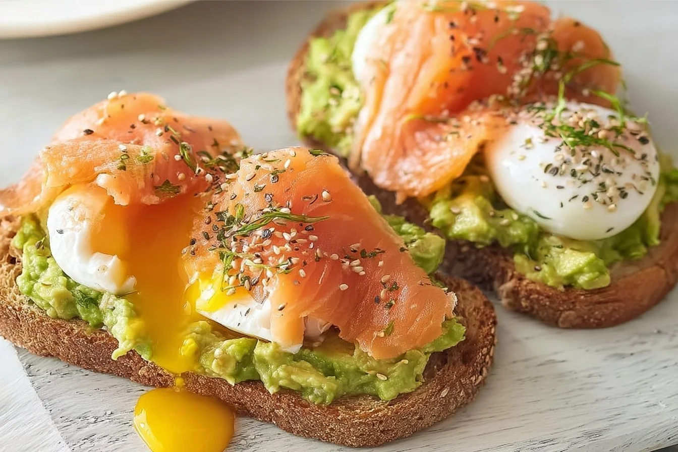 Avocado toast topped with smoked salmon and poached eggs on a rustic wooden table