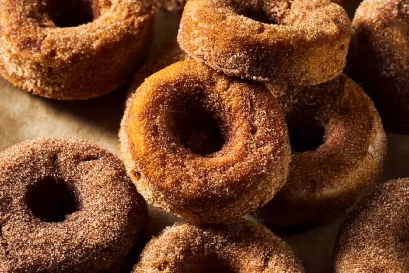 Freshly baked apple cider donuts with a cinnamon sugar coating