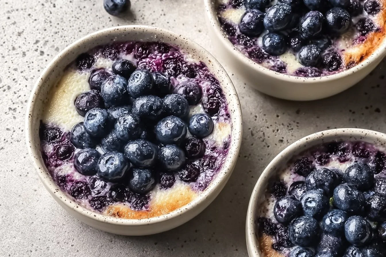 Baked blueberry cottage cheese bowls topped with fresh blueberries