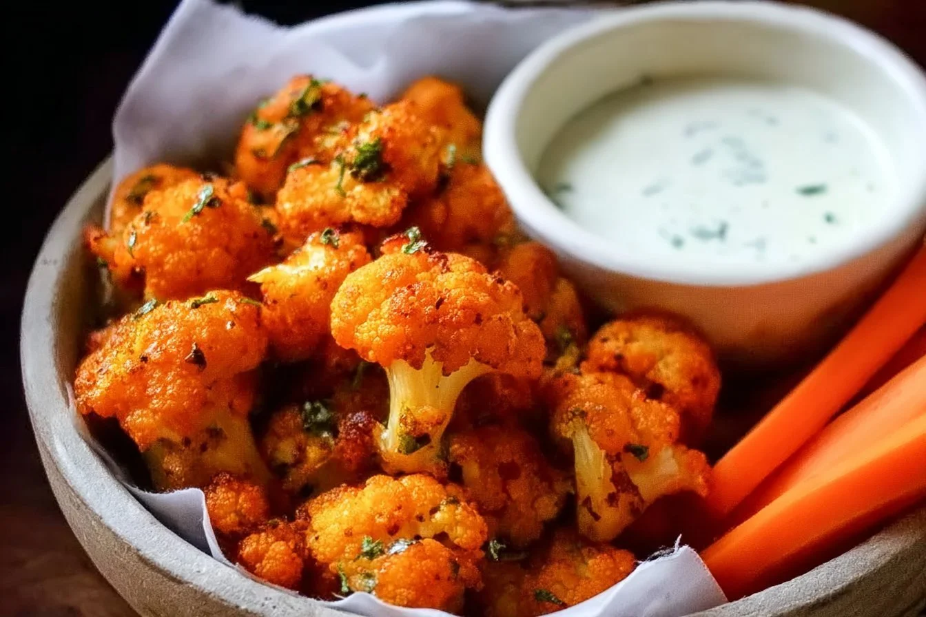Deliciously crispy Baked Buffalo Cauliflower Bites garnished for a flavorful bite.