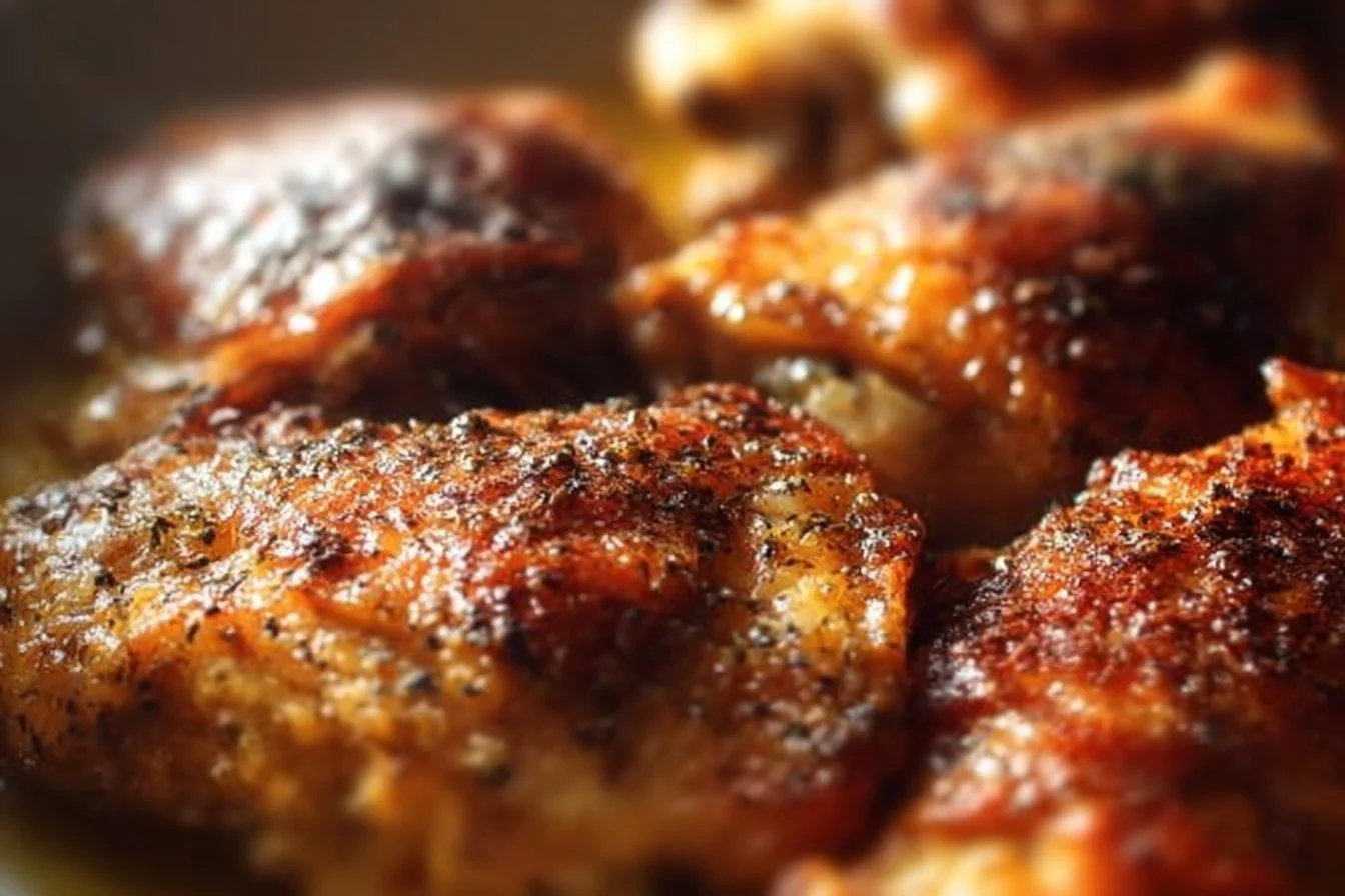 Deliciously seasoned baked chicken thighs on a plate, ready to eat.