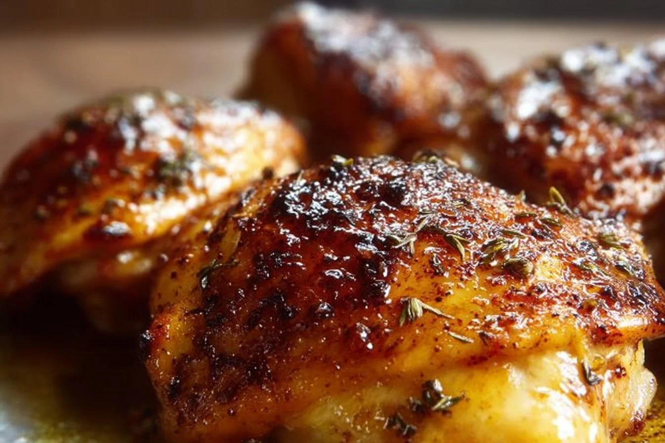 Delicious baked chicken thighs, golden and crispy, served on a plate.