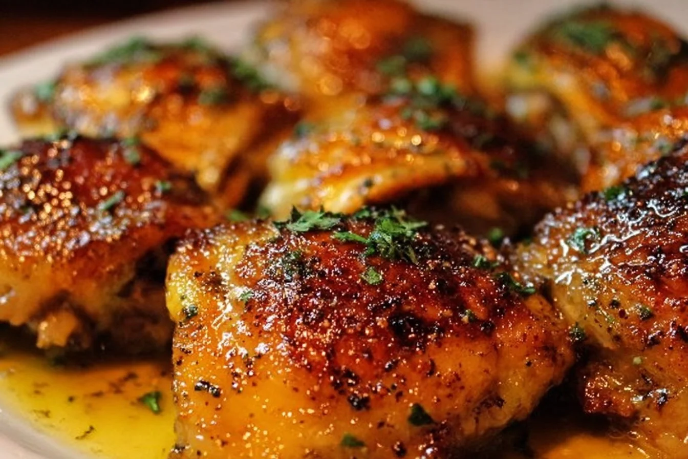 Baked Chicken Thighs baked chicken Delicious baked chicken thighs served with fresh herbs and spices