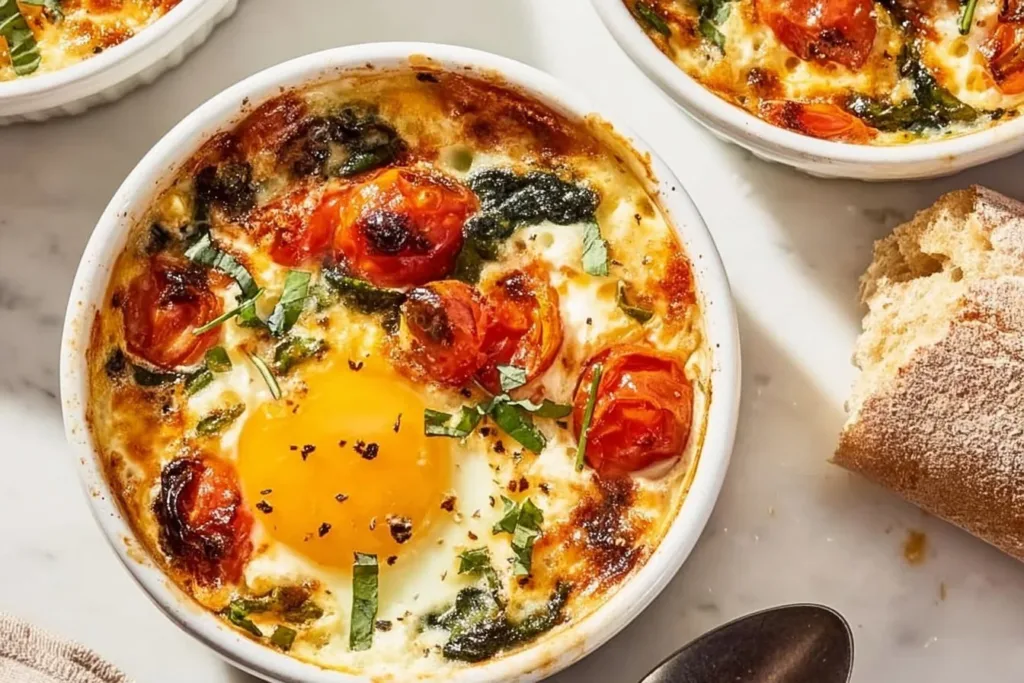Baked feta eggs with tomatoes and spinach on a colorful plate