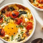 Baked feta eggs with tomatoes and spinach on a colorful plate