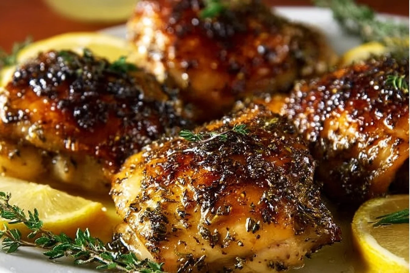 Plate of baked garlic herb chicken thighs garnished with fresh herbs