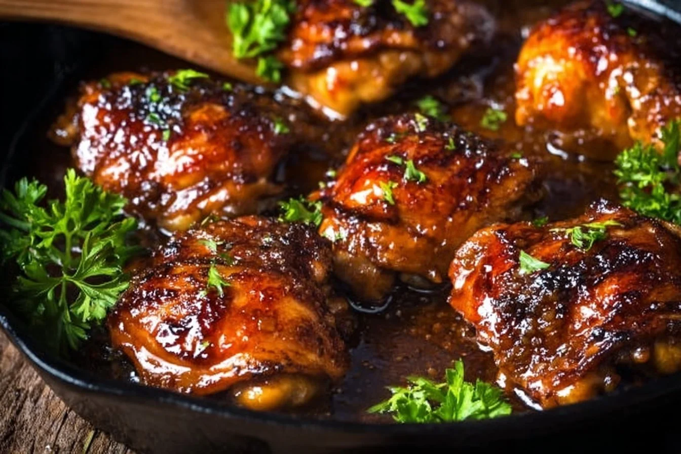 Baked Honey Garlic Boneless Chicken Thighs honey garlic chicken Baked honey garlic boneless chicken thighs garnished with herbs on a plate
