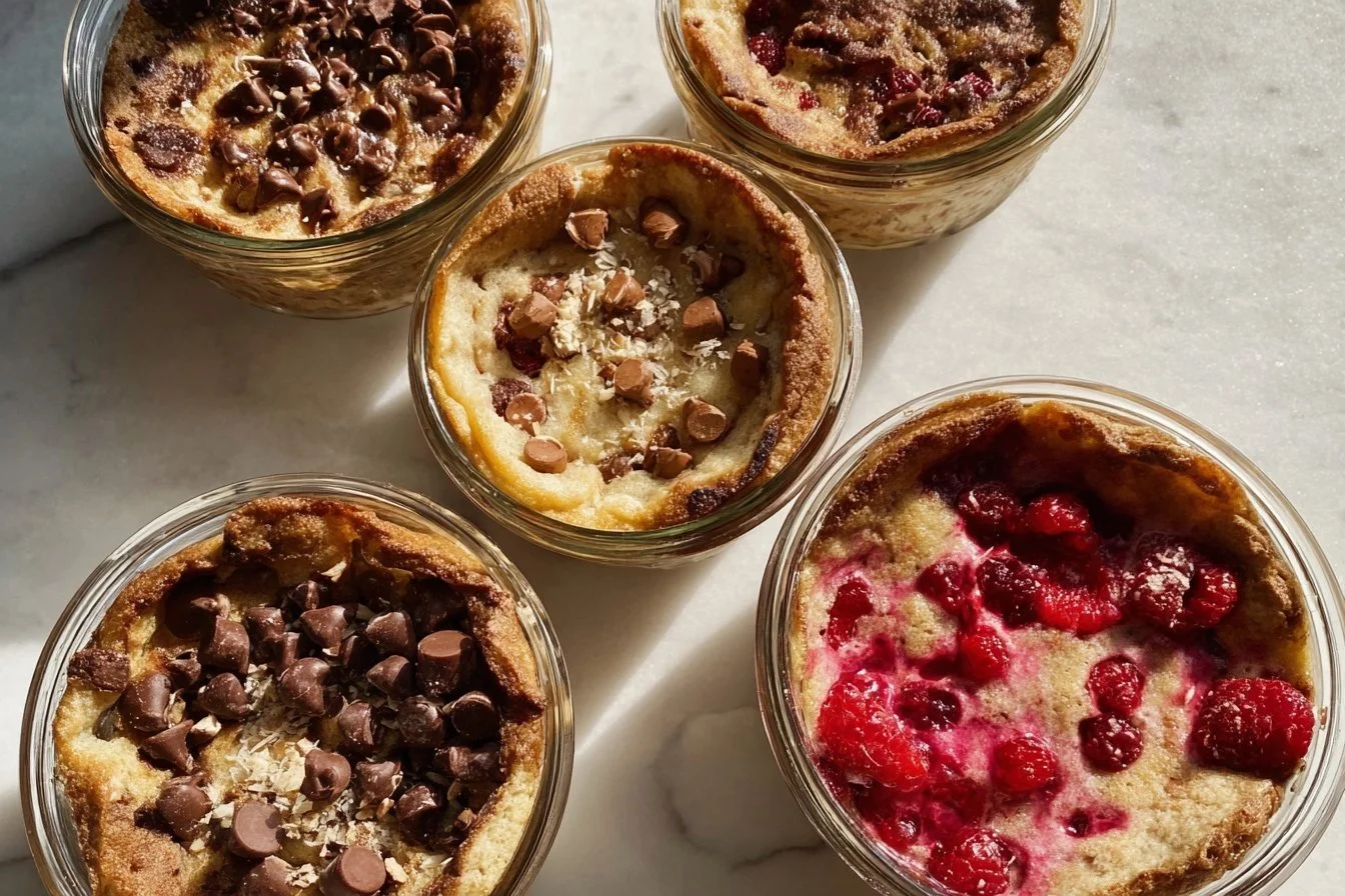 Delicious baked protein pancake bowl topped with fruits and nuts.