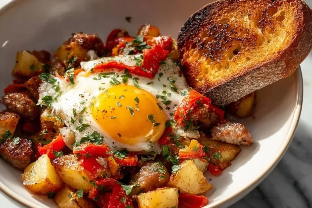 Delicious Baked Sausage Hash served in a skillet for breakfast