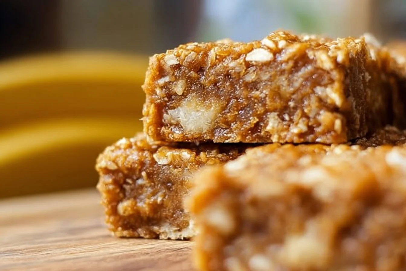 Healthy homemade banana oatmeal bars with oats and ripe bananas
