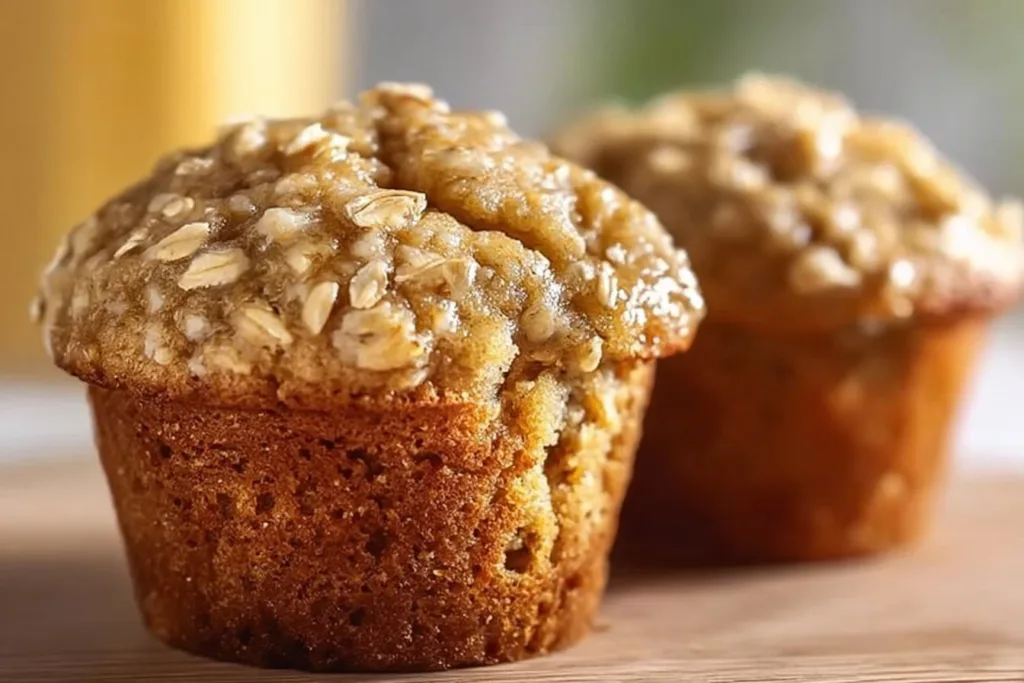 Freshly baked Banana Oatmeal Muffins on a wooden table