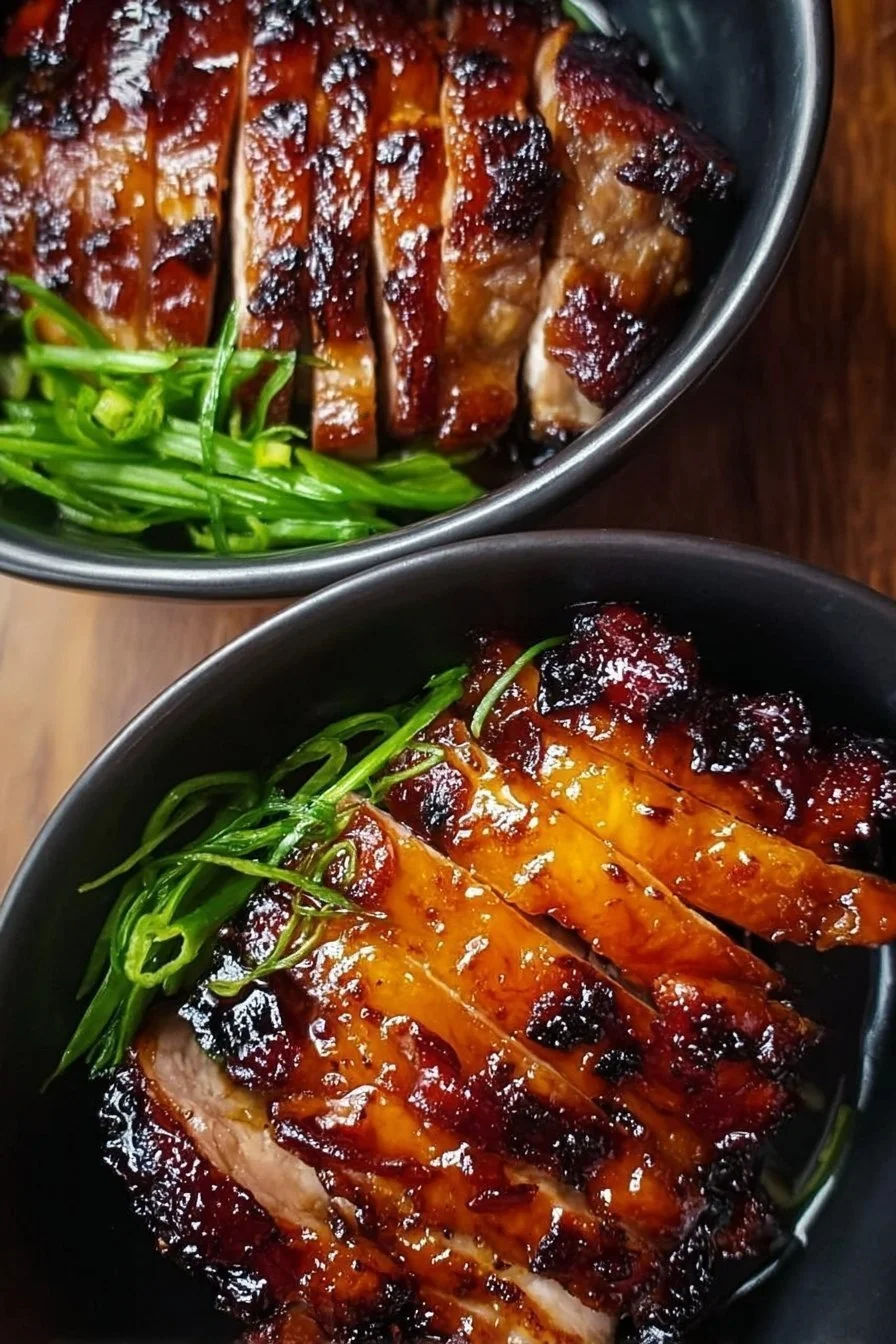 Delicious barbecued pork chicken served on a grill with smoky flavor.