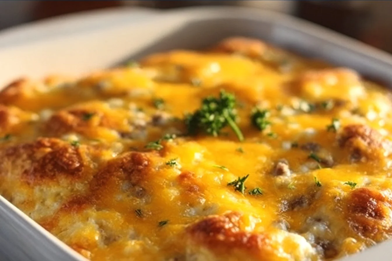 Biscuits and Gravy Breakfast Casserole loaded with savory flavors and comfort food goodness.